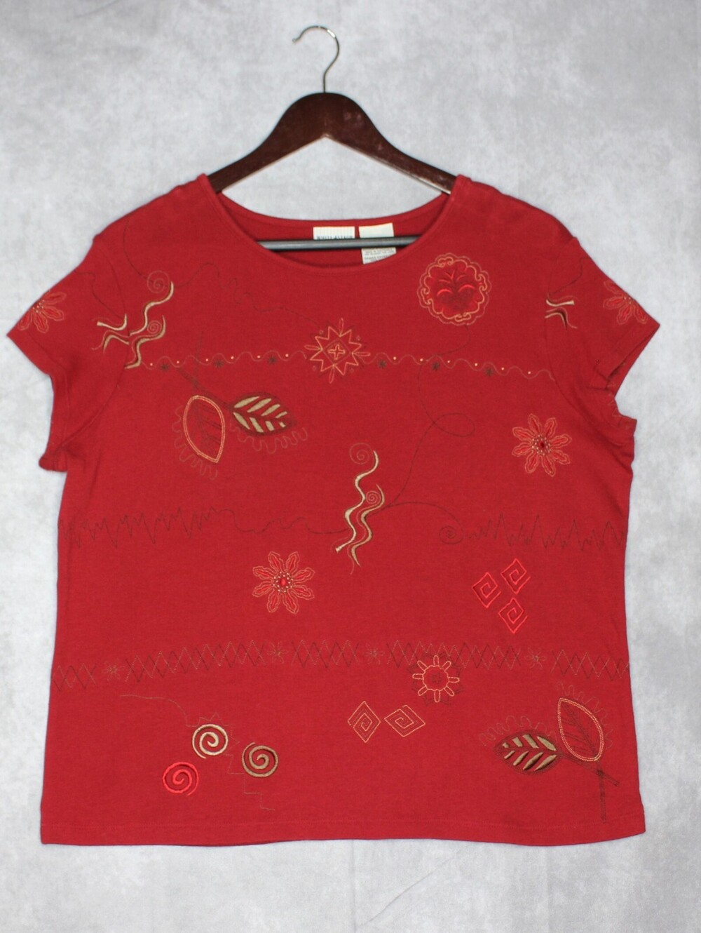 Vintage Autumn-Themed White Stag Embroidered Short Sleeve Top Size XL